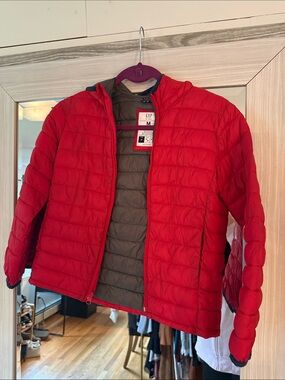 GAP Red Quilted Hooded Puffer Jacket with Gray Lining
